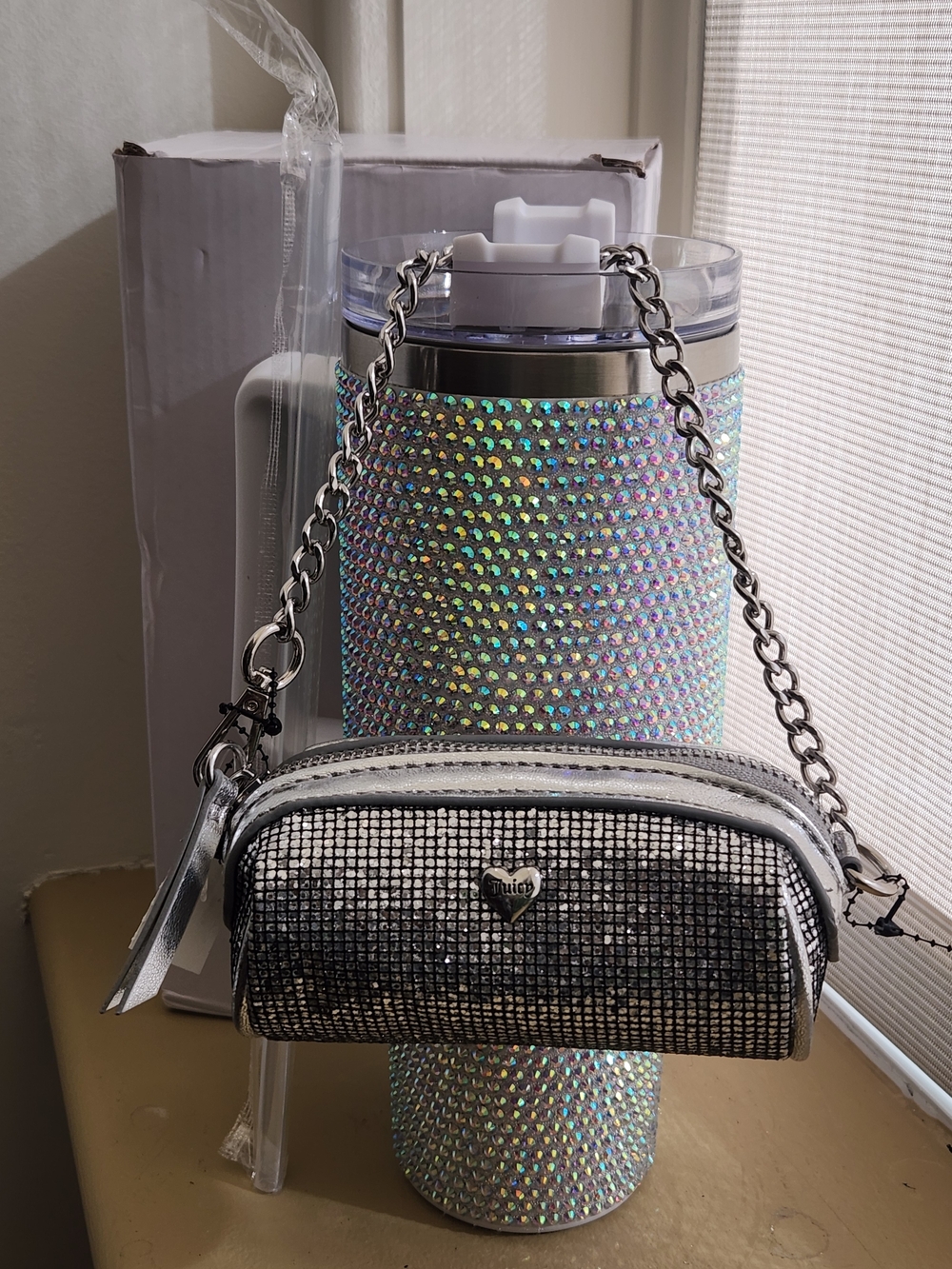 JUICY COUTURE Silver Metallic Chain MINI Crossbody Bag & Rhinestone 24oz Tumbler